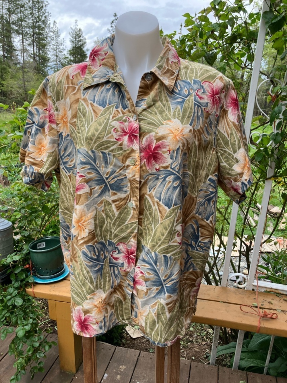 Lemongrass linen, cotton floral button, front shirt, XL
